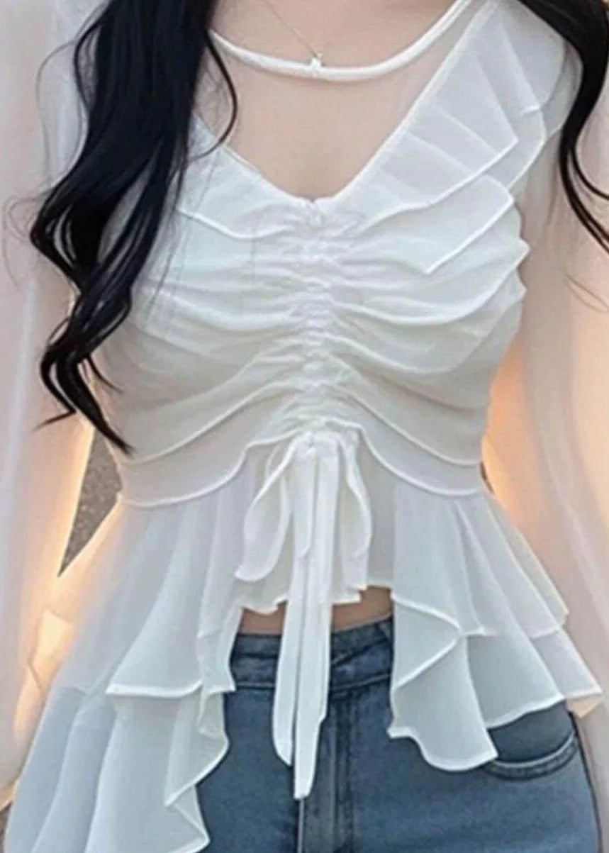 Dames Blouse Chiffon Ruches Pofmouwen 4