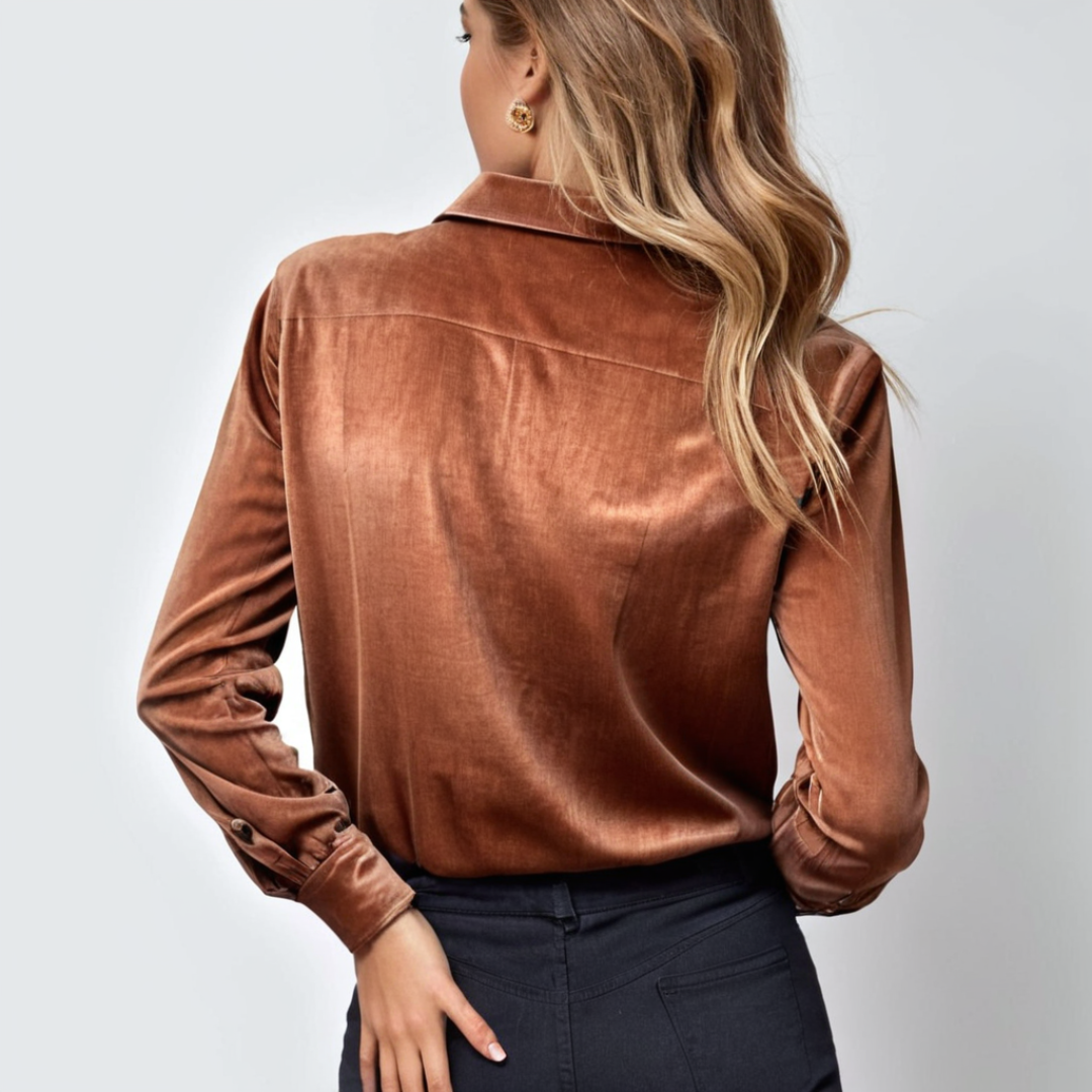Dames Blouse Fluweel Relaxed Pasvorm Luxe Knoopsluiting 1