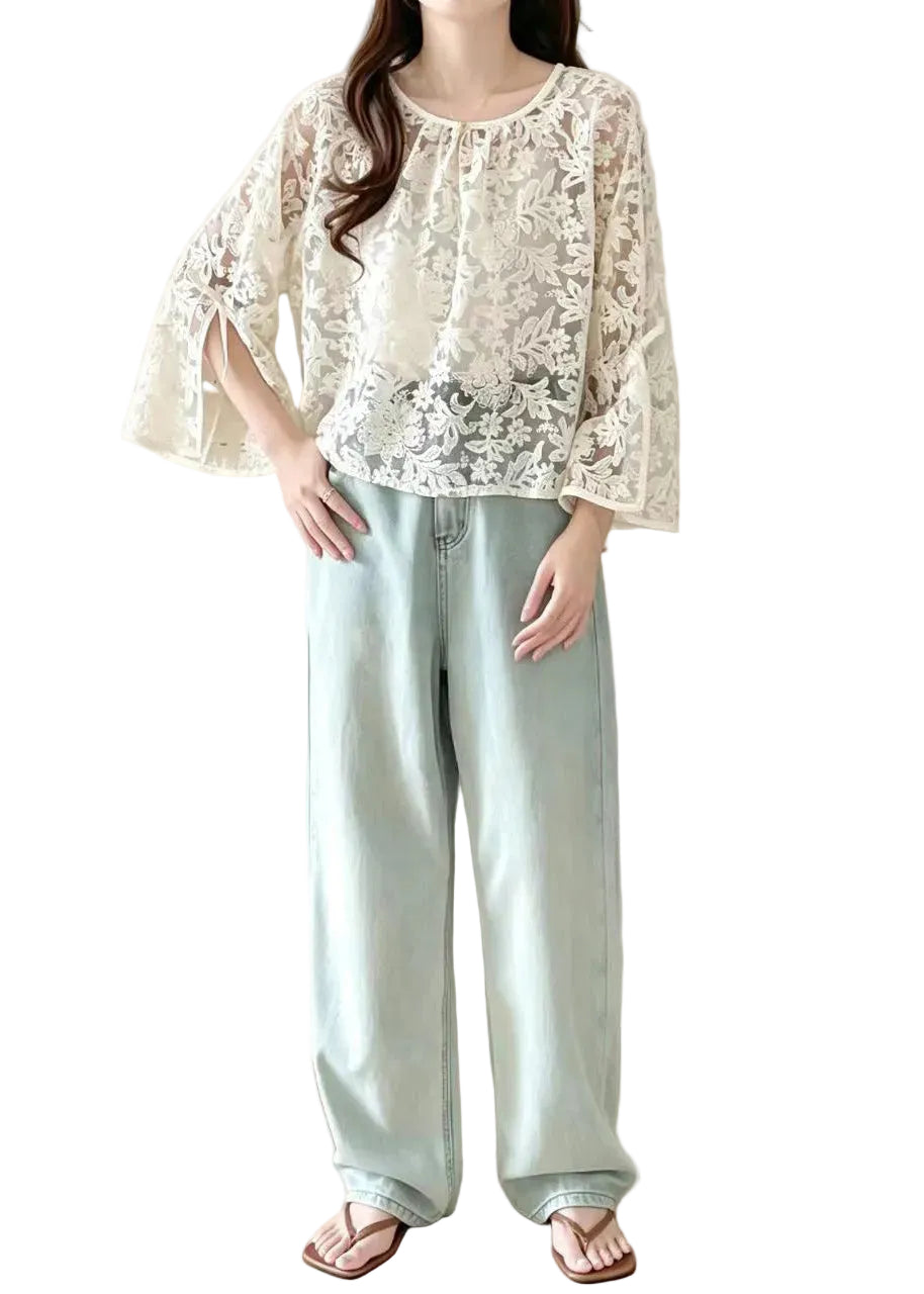 Dames Blouse Kanten O-hals Zomer Top 1