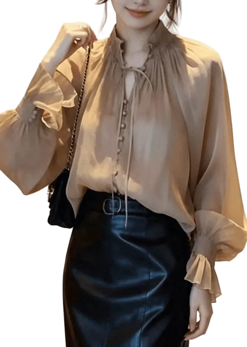 Dames Blouse Korte Mouw Met Opstaande Kraag En Lantaarnmouwen 1