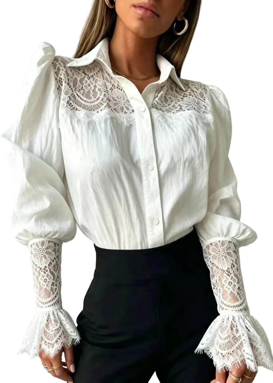Dames Blouse Lange Mouw Met Omgeslagen Kraag En Patchworkkant 0