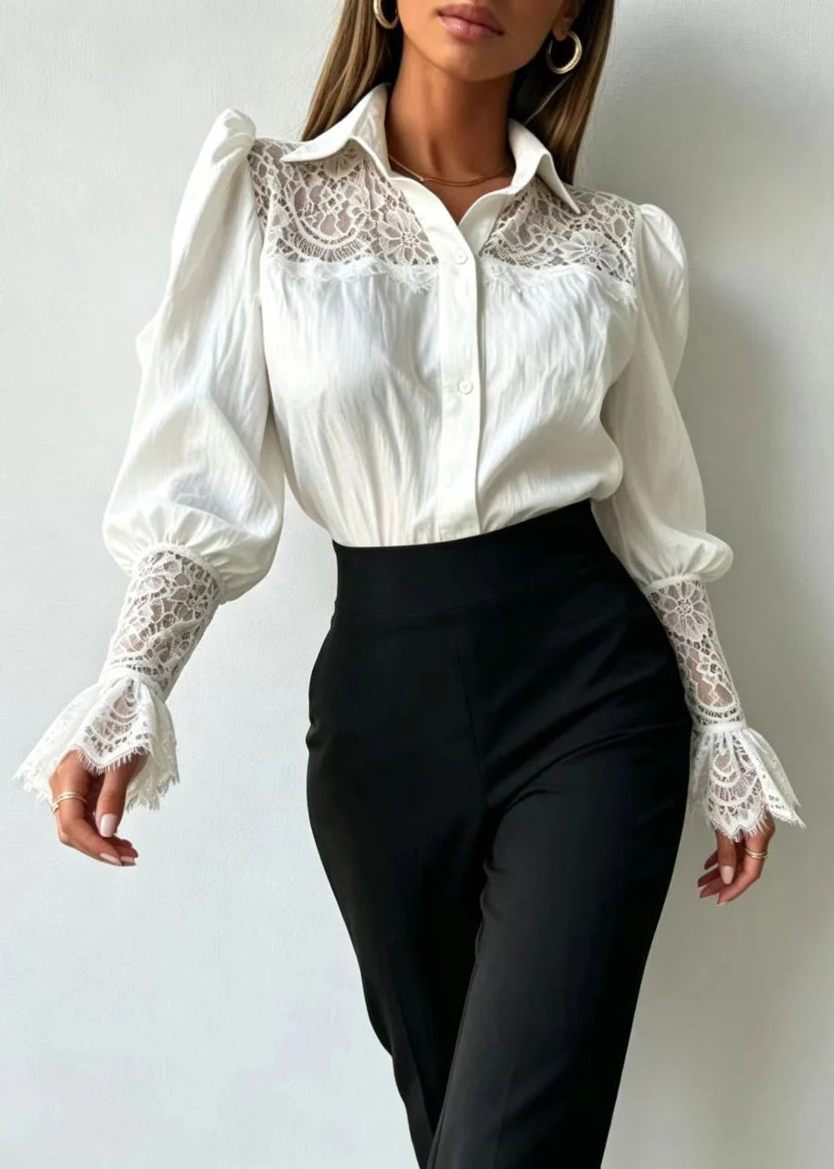 Dames Blouse Lange Mouw Met Omgeslagen Kraag En Patchworkkant 1