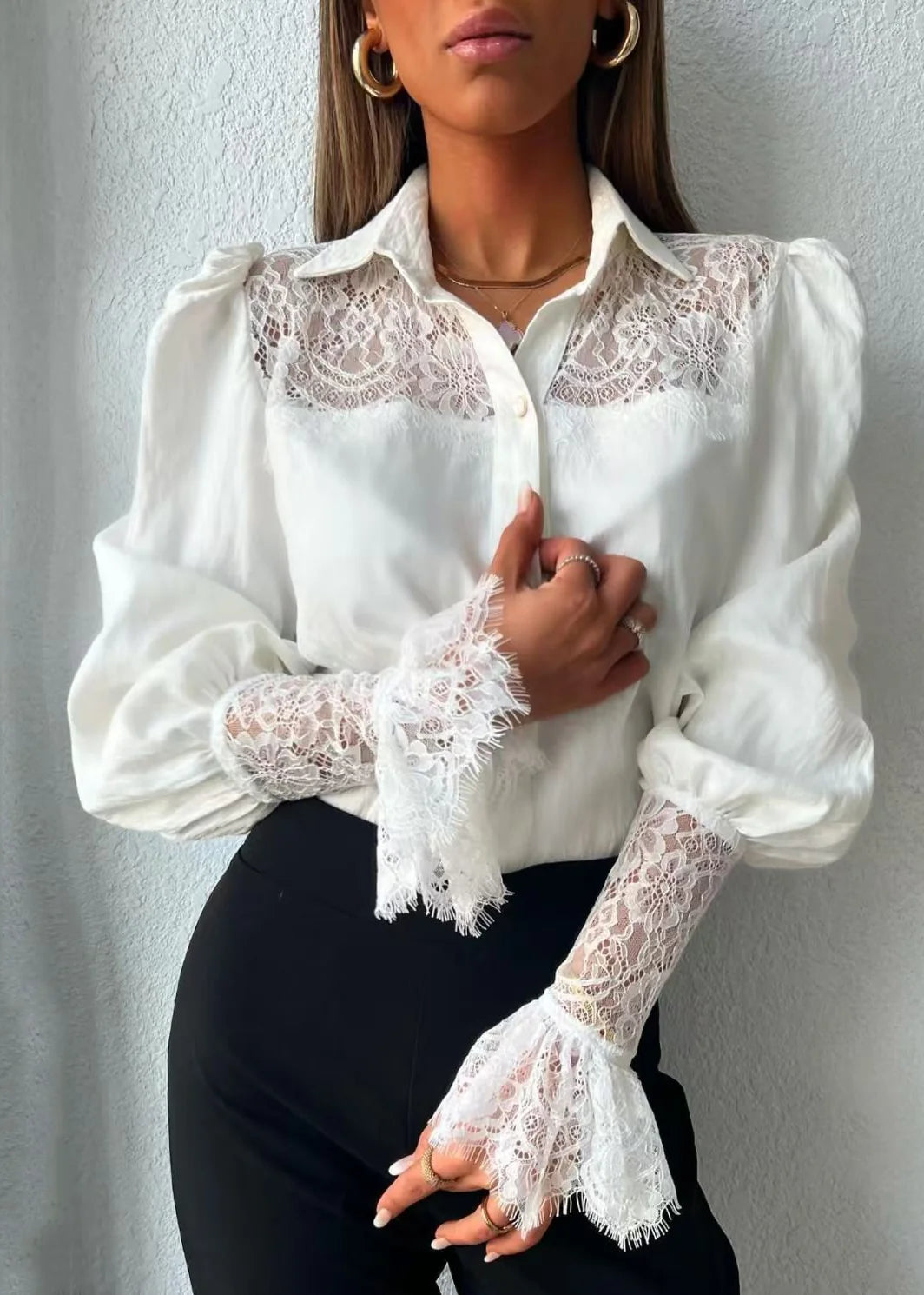 Dames Blouse Lange Mouw Met Omgeslagen Kraag En Patchworkkant 2