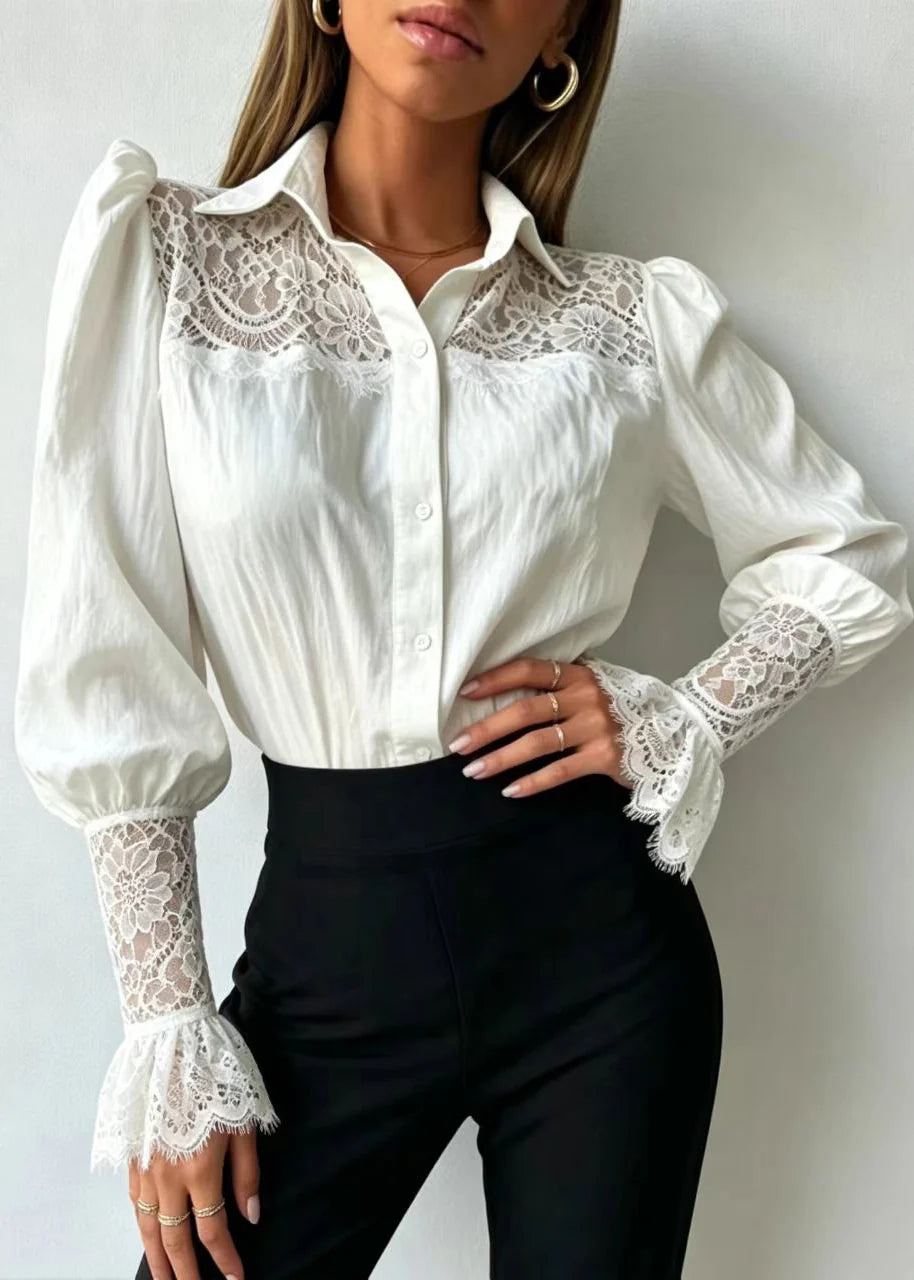 Dames Blouse Lange Mouw Met Omgeslagen Kraag En Patchworkkant 3