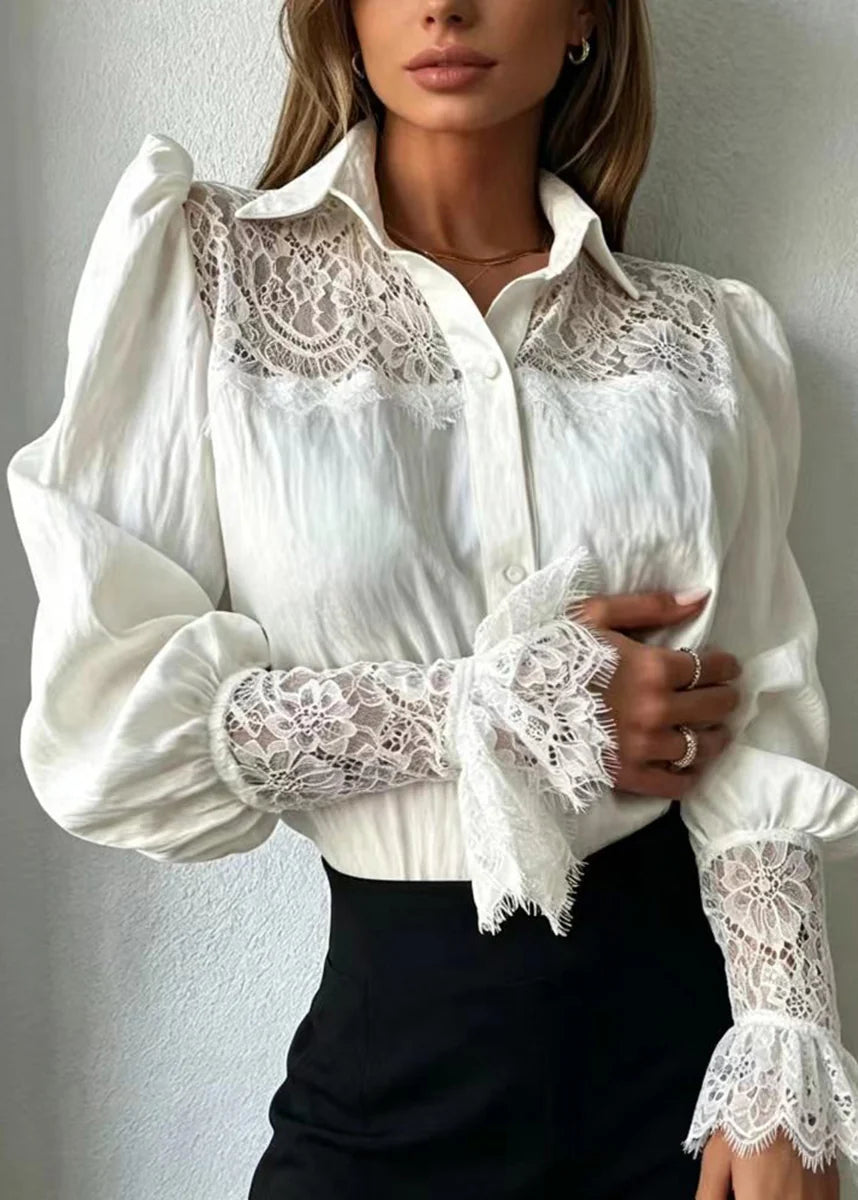 Dames Blouse Lange Mouw Met Omgeslagen Kraag En Patchworkkant 4