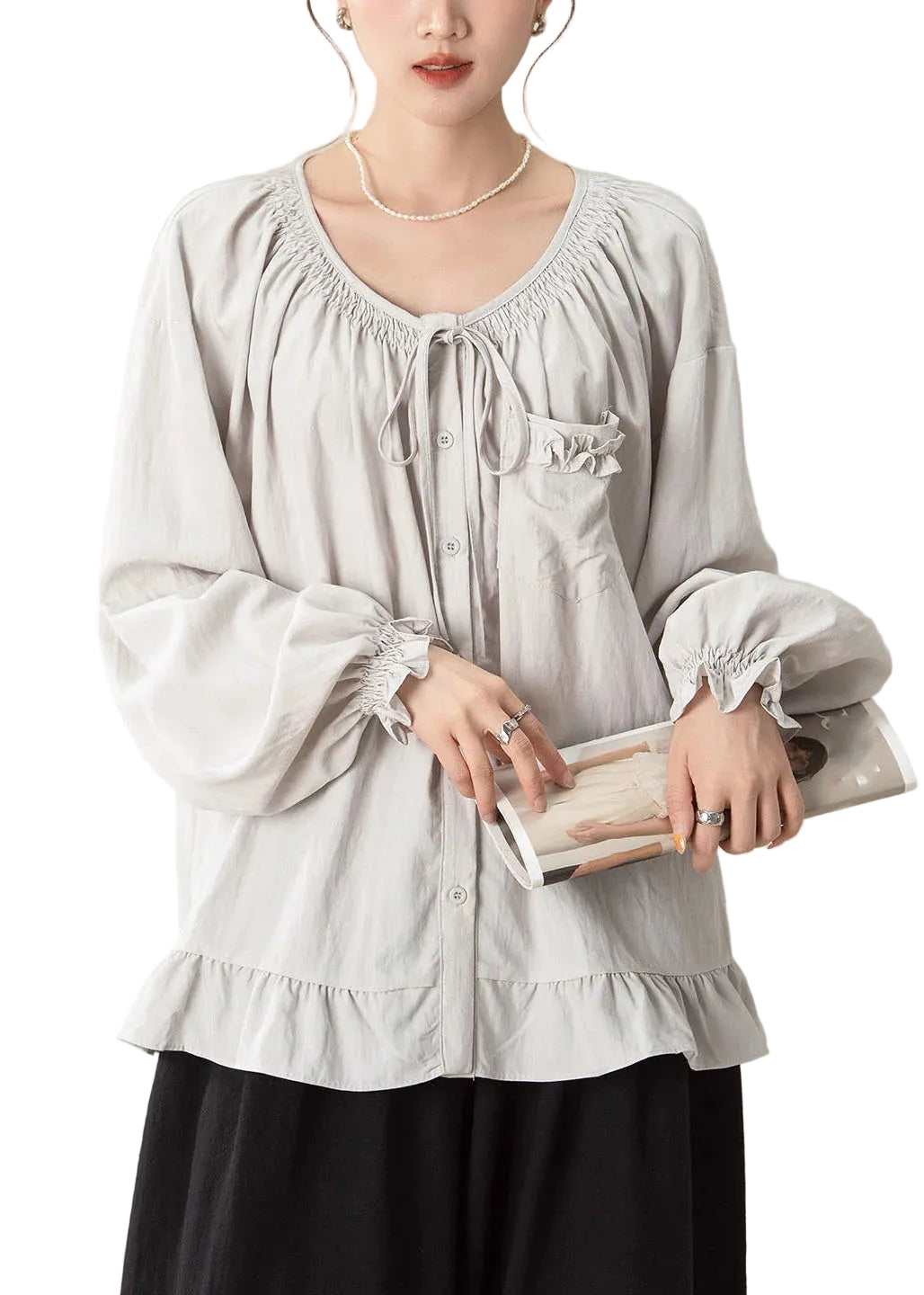 Dames Blouse Losse Pasvorm Ruches Patchwork Herfststijl 0