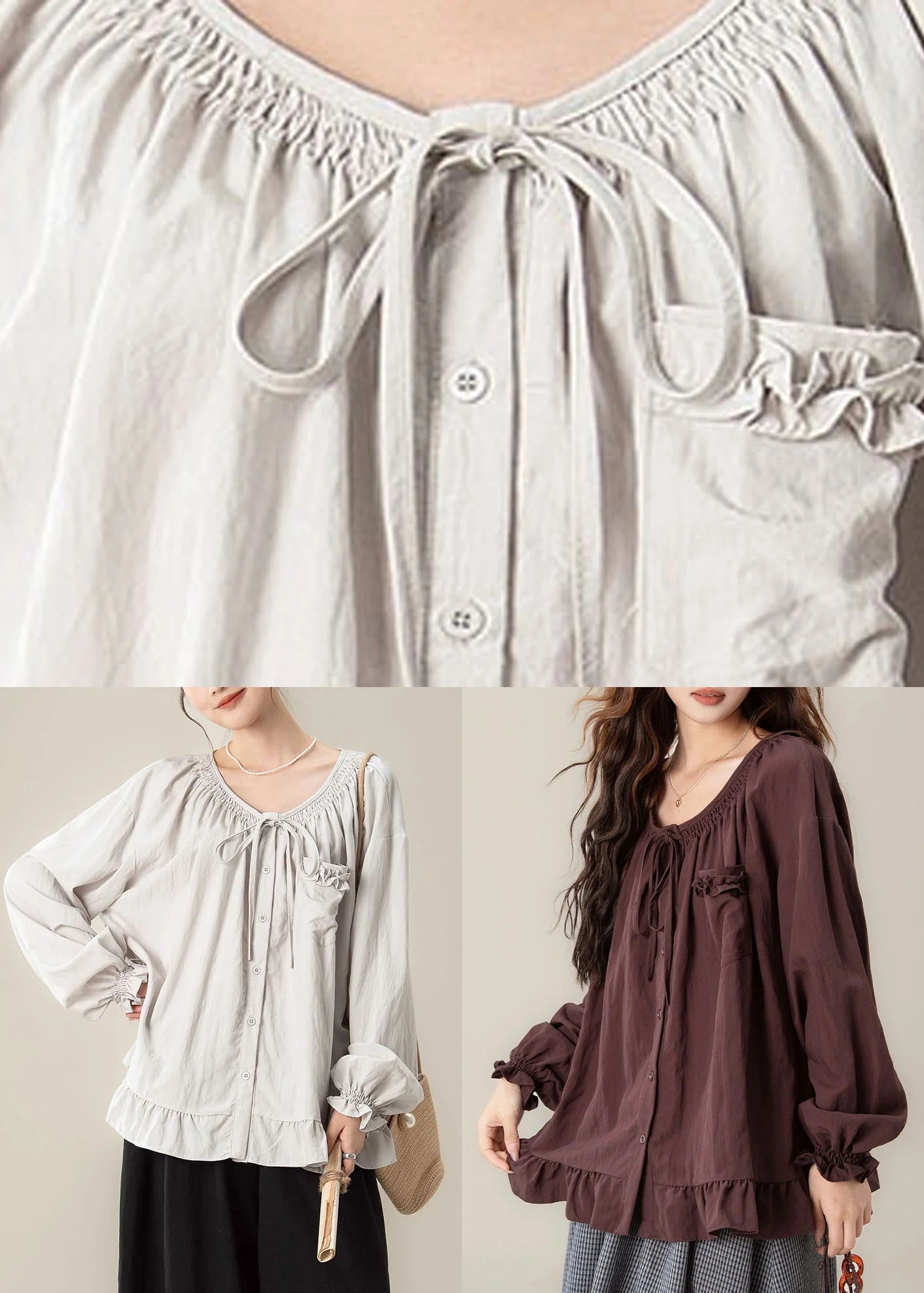 Dames Blouse Losse Pasvorm Ruches Patchwork Herfststijl 4