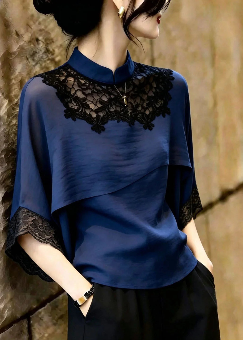 Dames Blouse Marine Stijlvol Patchwork Kant 2
