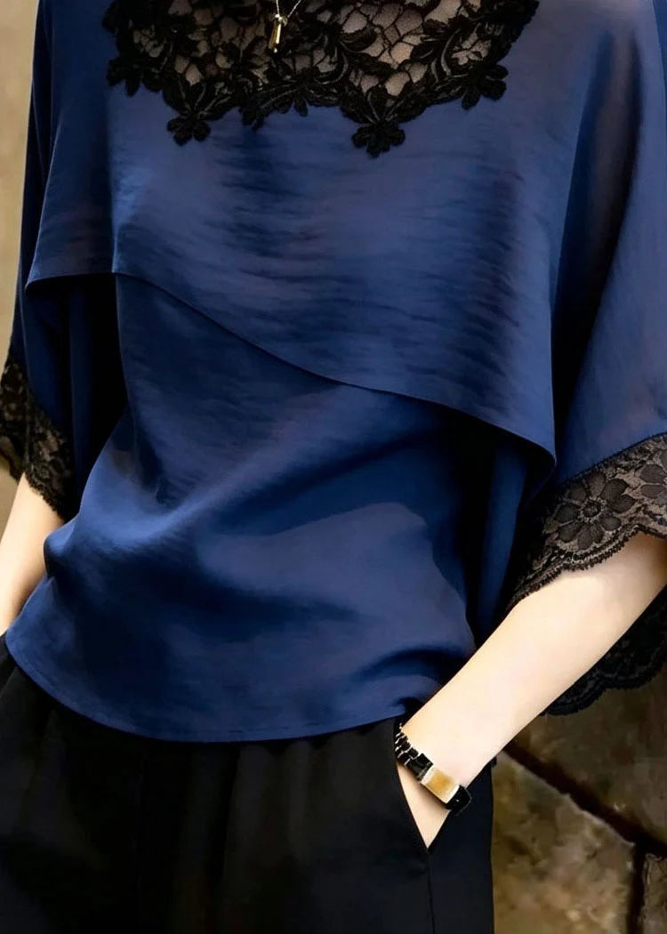 Dames Blouse Marine Stijlvol Patchwork Kant 3