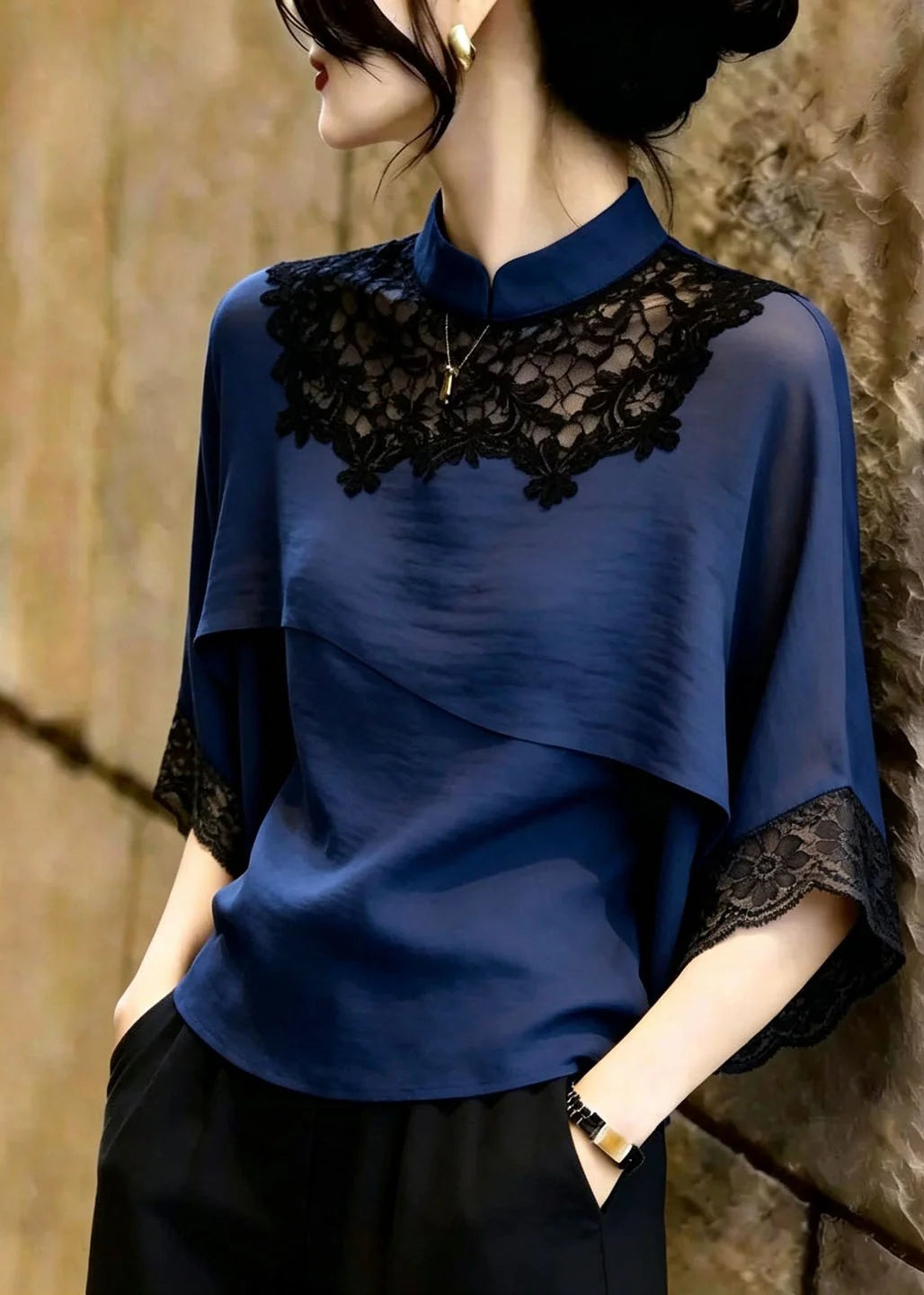 Dames Blouse Marine Stijlvol Patchwork Kant 4