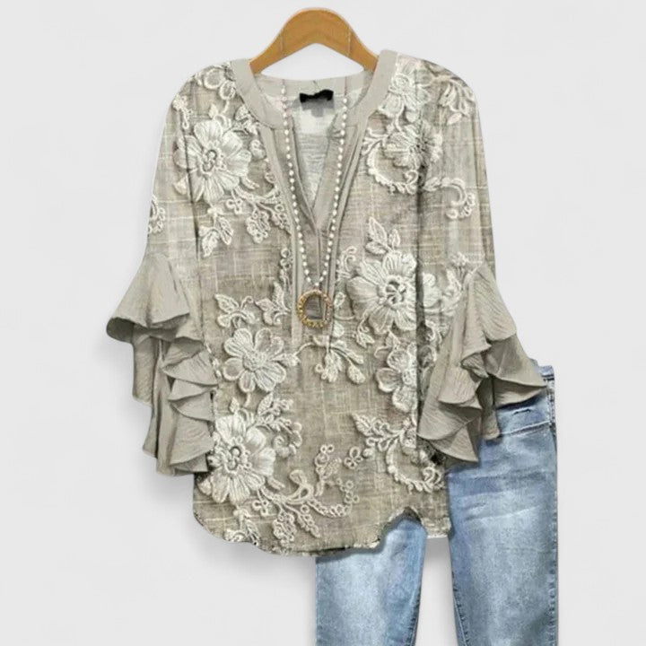Dames Blouse Met Bloemenprint En Ruches Casual Chic 1