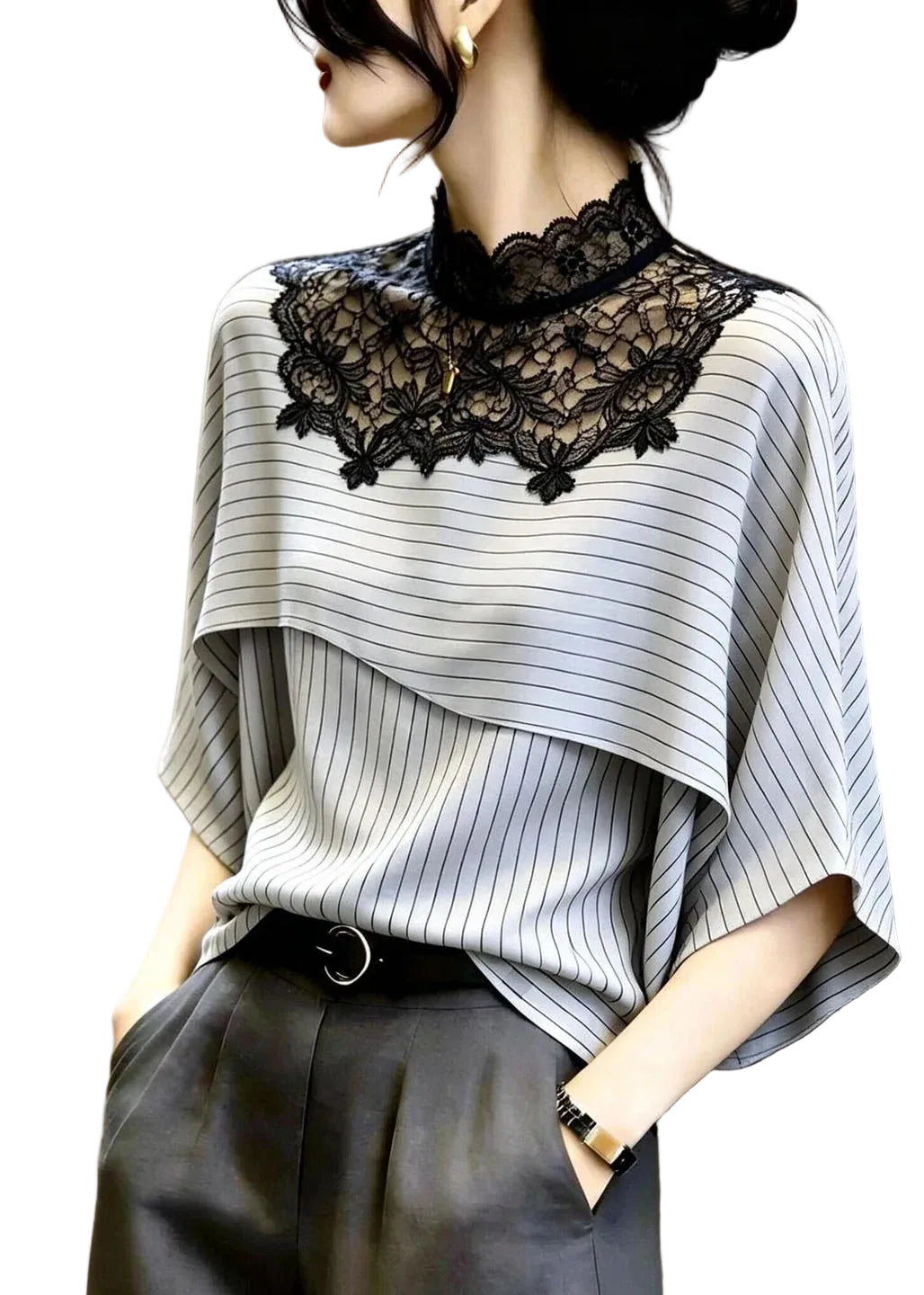 Dames Blouse Patchwork Gestreept Lichtgrijs Zomerstijl 0