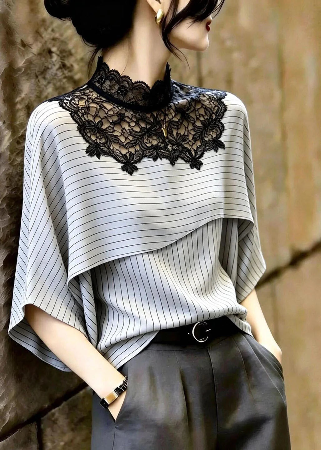Dames Blouse Patchwork Gestreept Lichtgrijs Zomerstijl 2