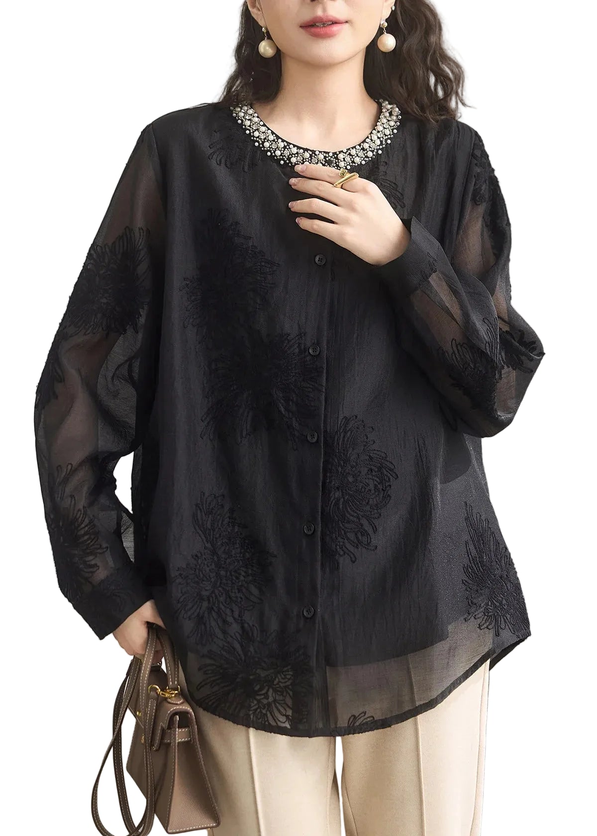 Dames Blouse Ronde Hals Geborduurde Details Herfststijl 0