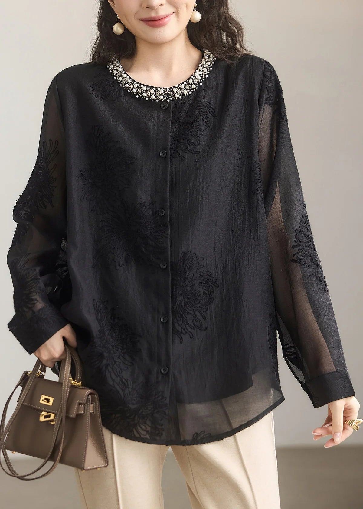 Dames Blouse Ronde Hals Geborduurde Details Herfststijl 2