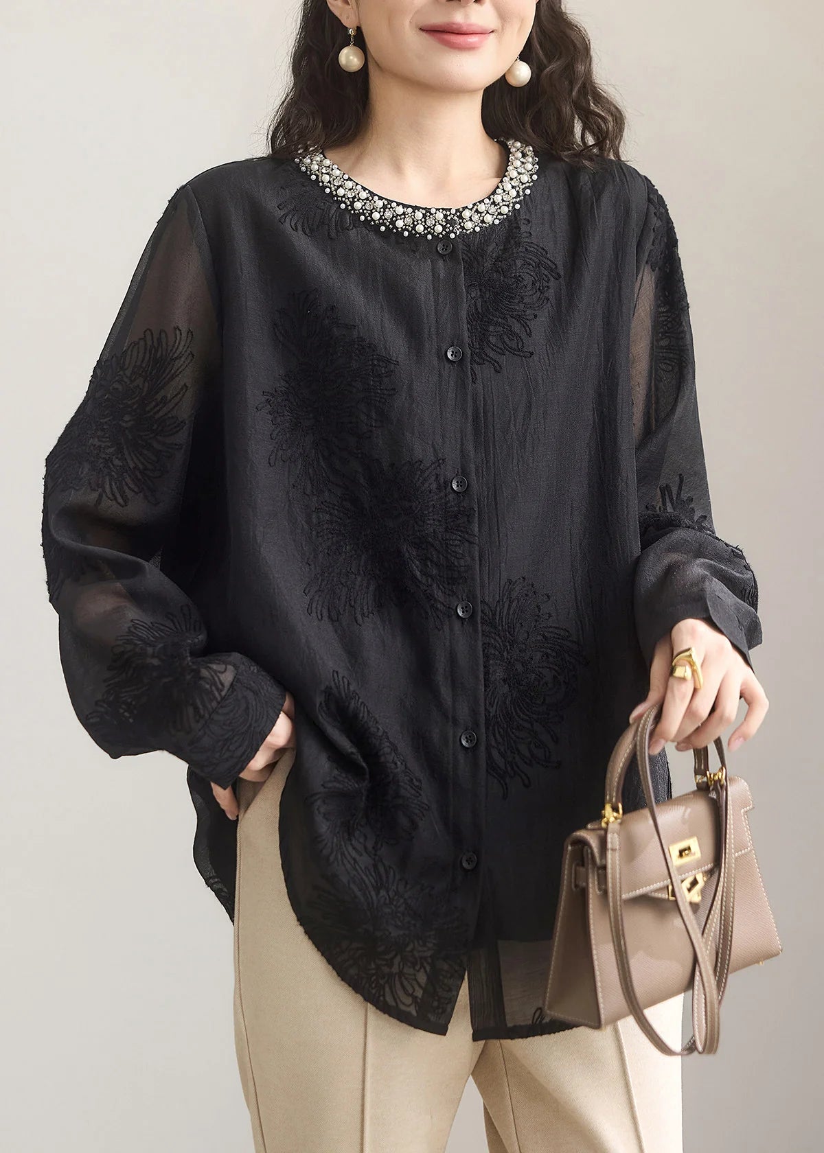 Dames Blouse Ronde Hals Geborduurde Details Herfststijl 3