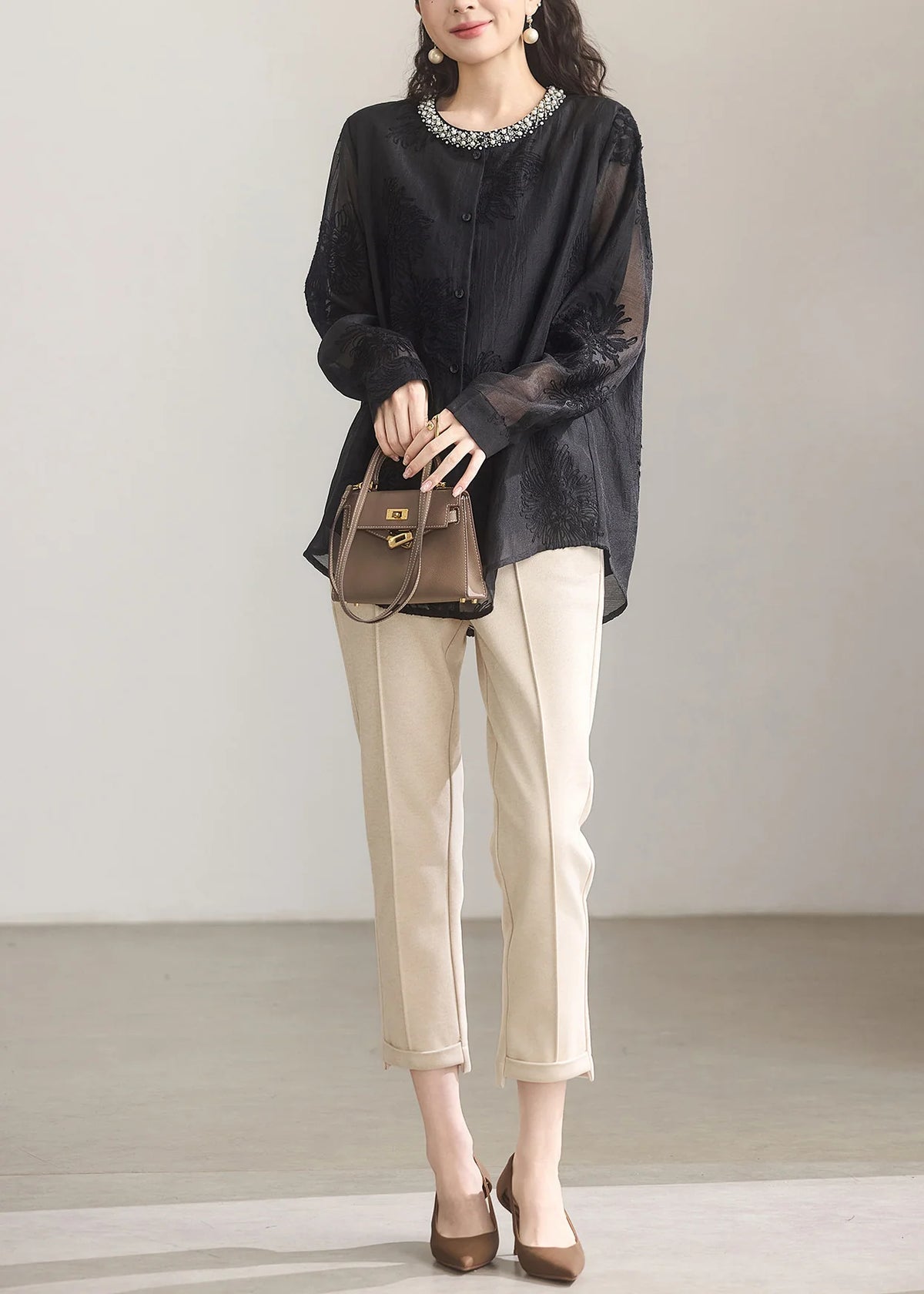 Dames Blouse Ronde Hals Geborduurde Details Herfststijl 4
