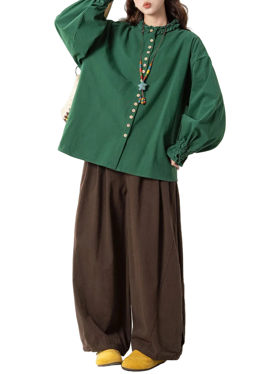 Dames Blouse Ronde Hals Tweedelige Set Met Wijde Pijpen En Lantaarnmouwen 1