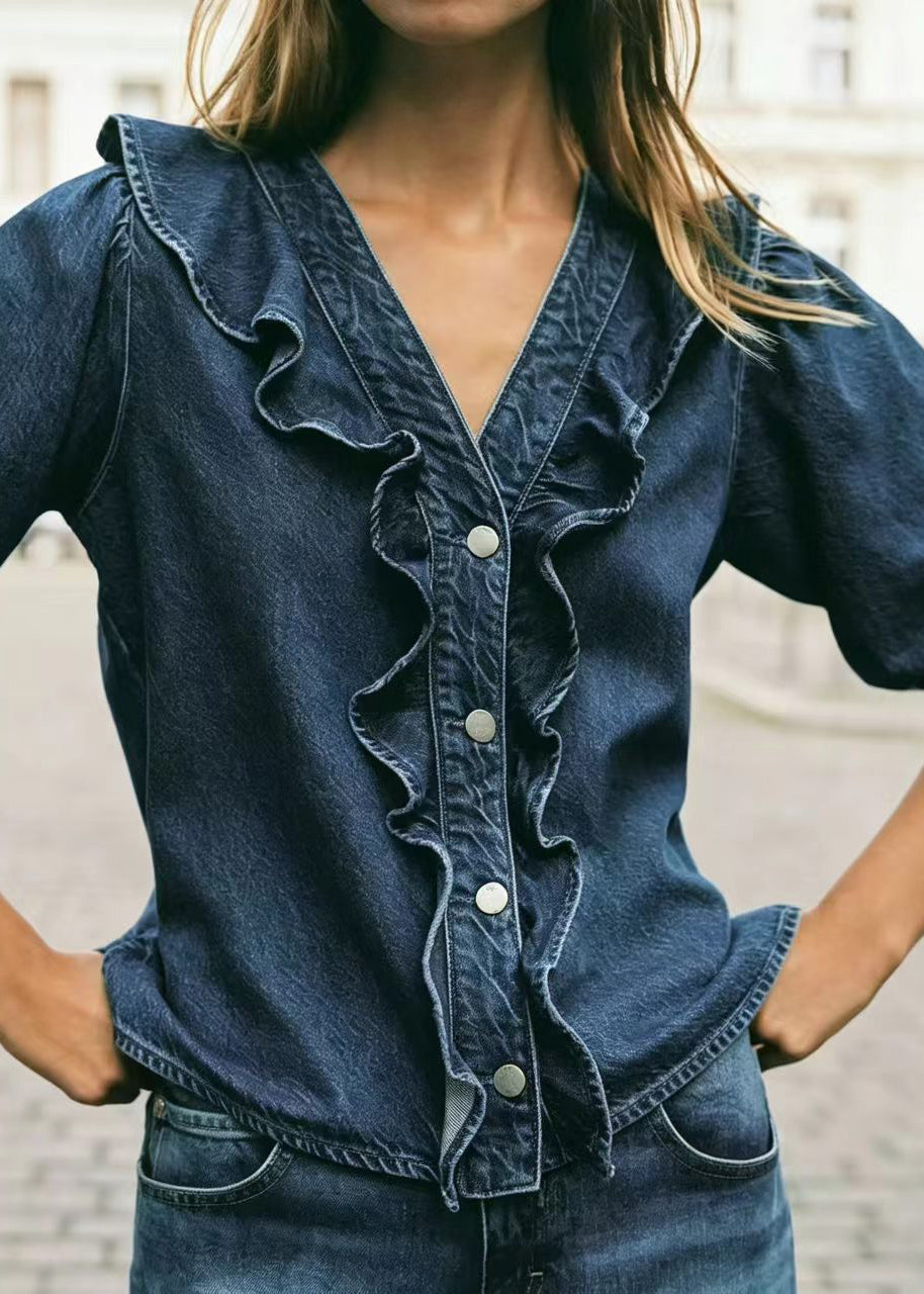 Dames Blouse V-hals Met Ruches Lange Mouwen 3