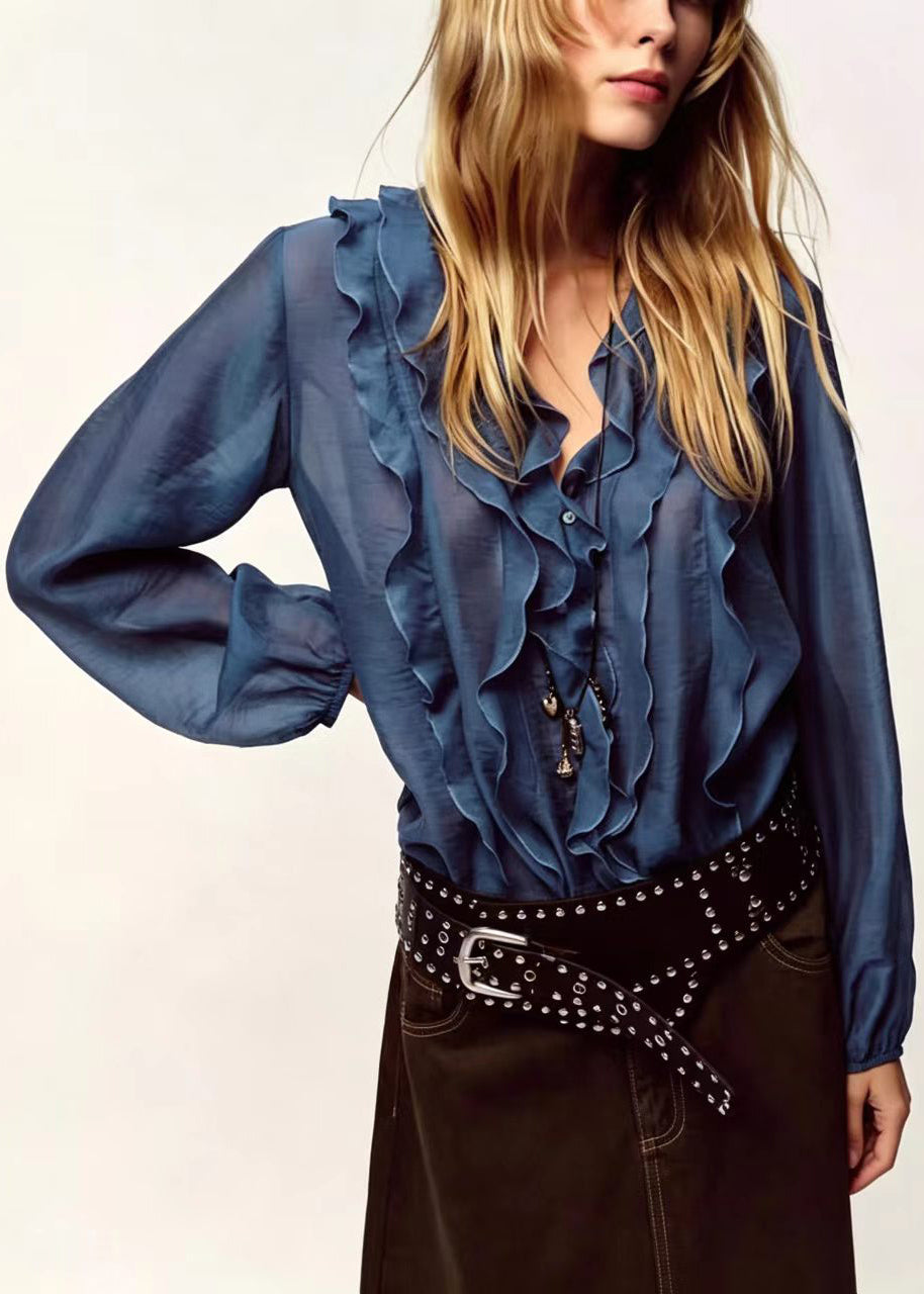 Dames Blouse V-hals Ruches Lange Mouwen 1