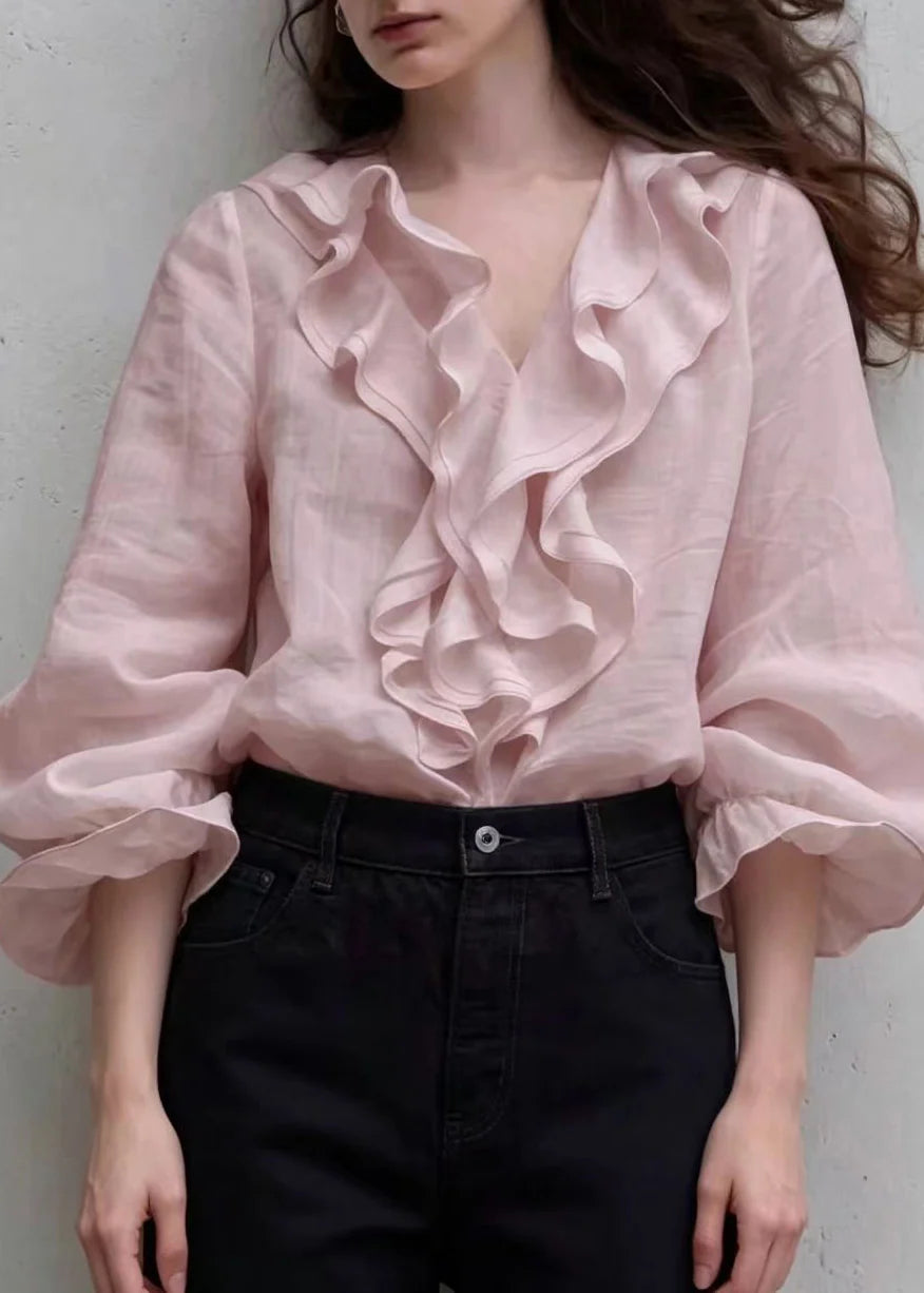 Dames Blouse V-hals Ruches Pofmouwen 1