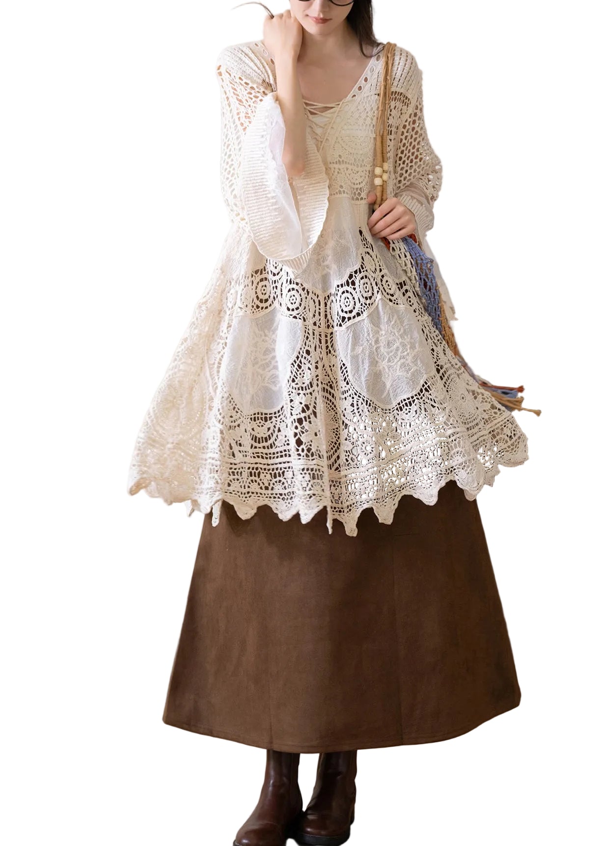 Dames Blouse V-hals met Tule Patchwork en Uitlopende Mouwen 0