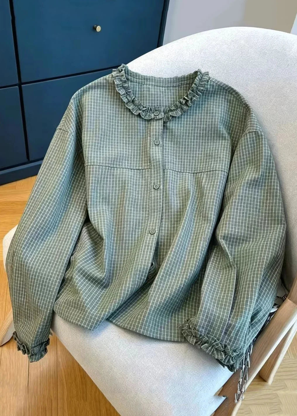 Dames Blouse Vintage Geruit Met Ruches 0