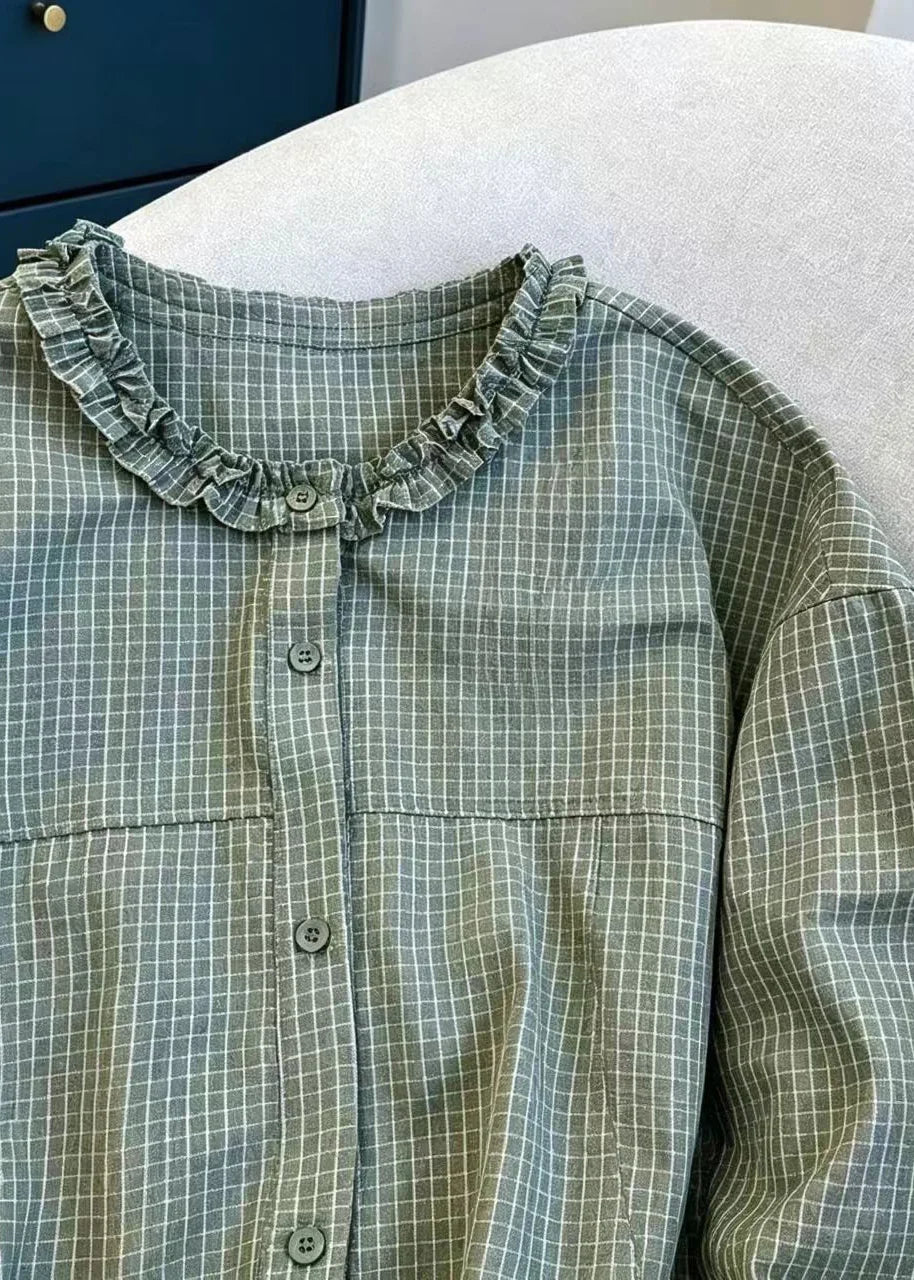 Dames Blouse Vintage Geruit Met Ruches 2