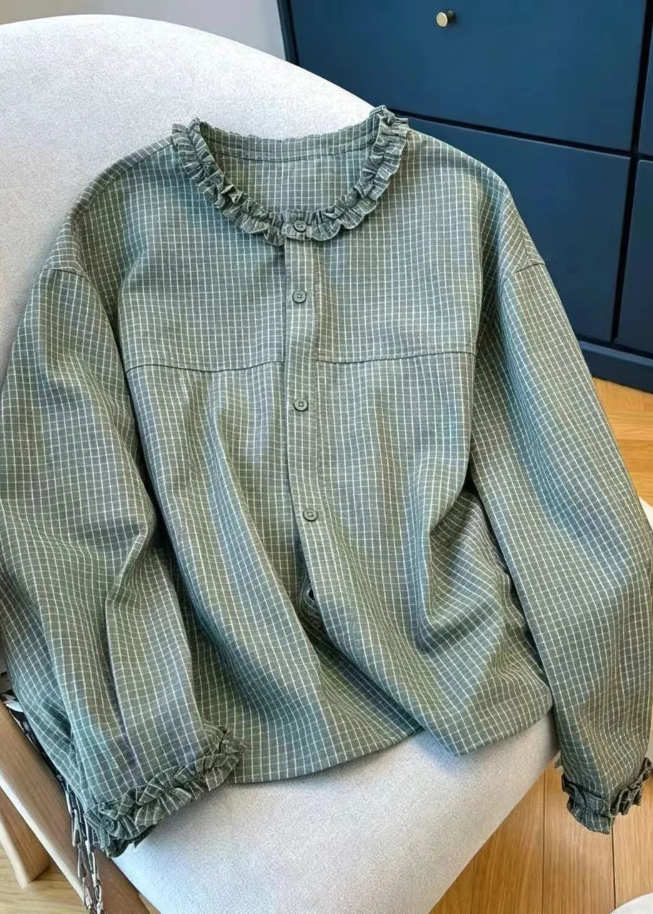Dames Blouse Vintage Geruit Met Ruches 4