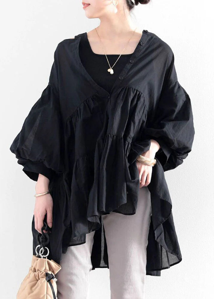 Dames Blouse Zwart met Ronde Hals en Lantaarnmouwen 2
