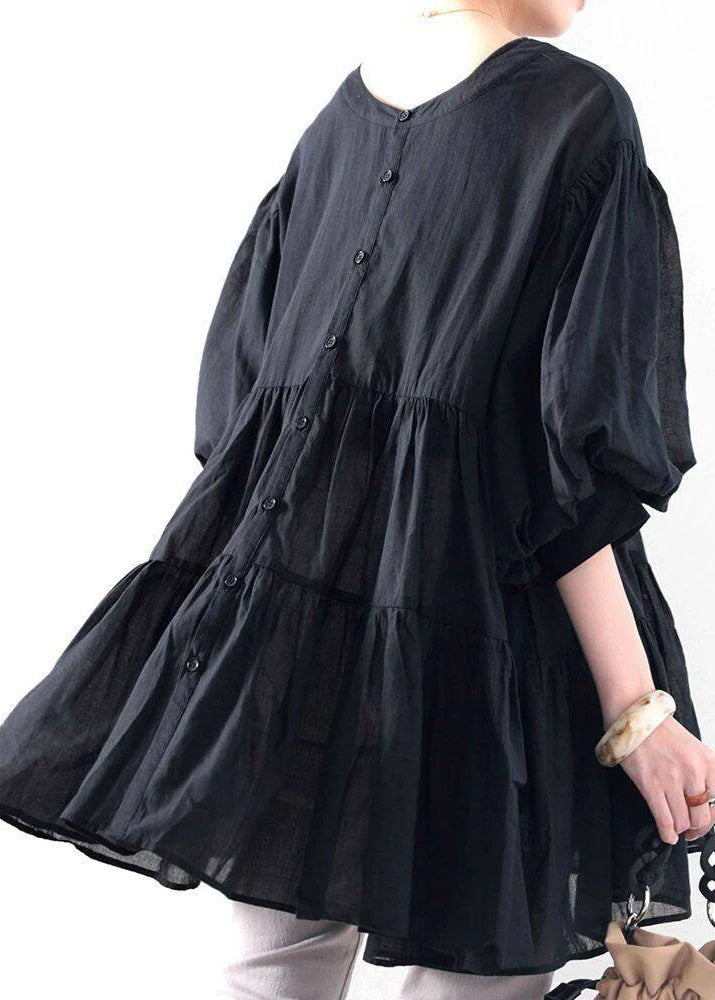 Dames Blouse Zwart met Ronde Hals en Lantaarnmouwen 4