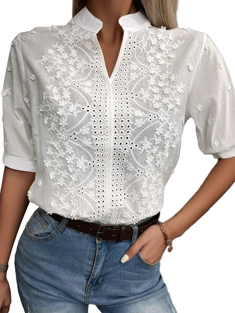 Dames Blouse met Bloemen Borduurwerk en Korte Mouwen 1