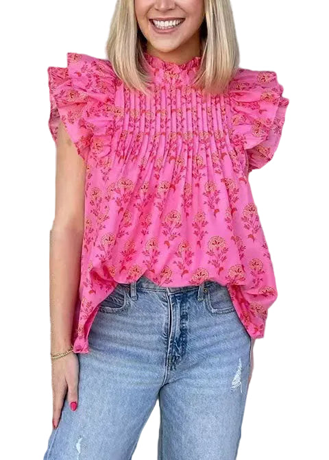 Dames Blouse met Franse Rozenprint en Vlindermouwen 0