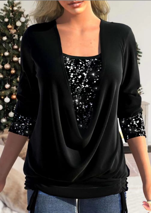 Dames Blouse met Gedrapeerde Halslijn en Pailletten 9