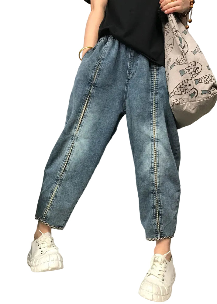 Dames Boho Denim Broek met Ruitpatroon 0