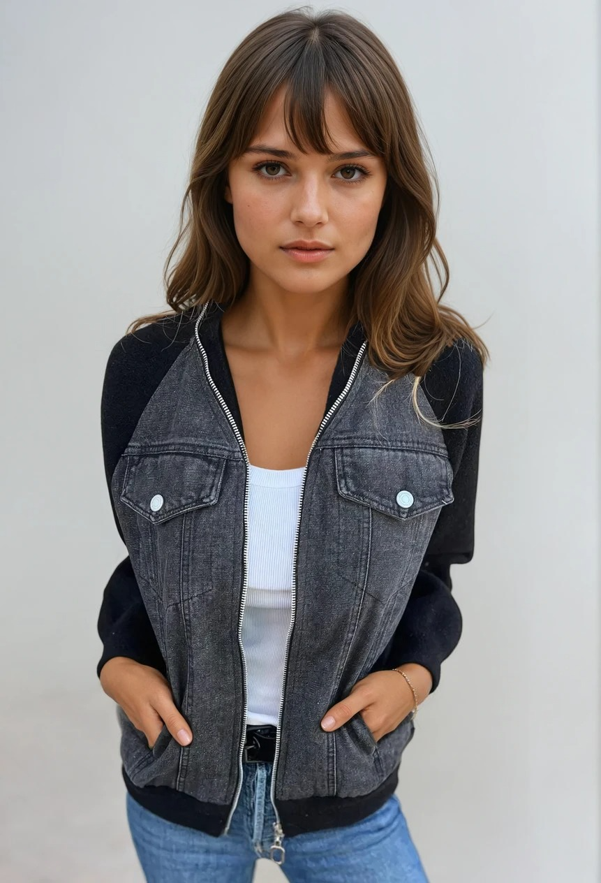 Dames Bomberjack Denim Met Gebreide Mouwen 1