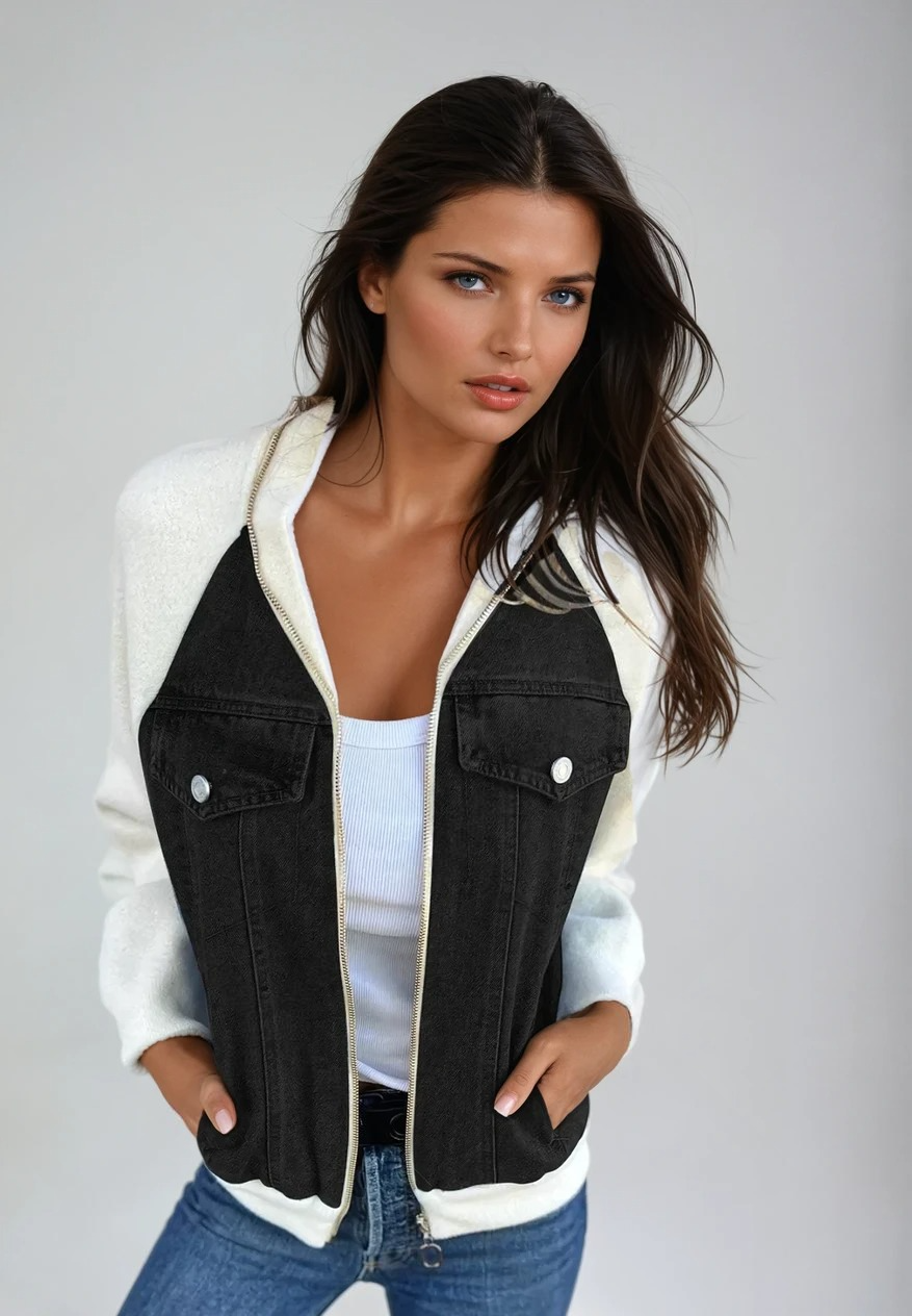 Dames Bomberjack Denim Met Gebreide Mouwen 2