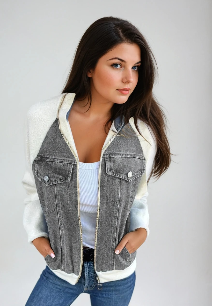 Dames Bomberjack Denim Met Gebreide Mouwen 3