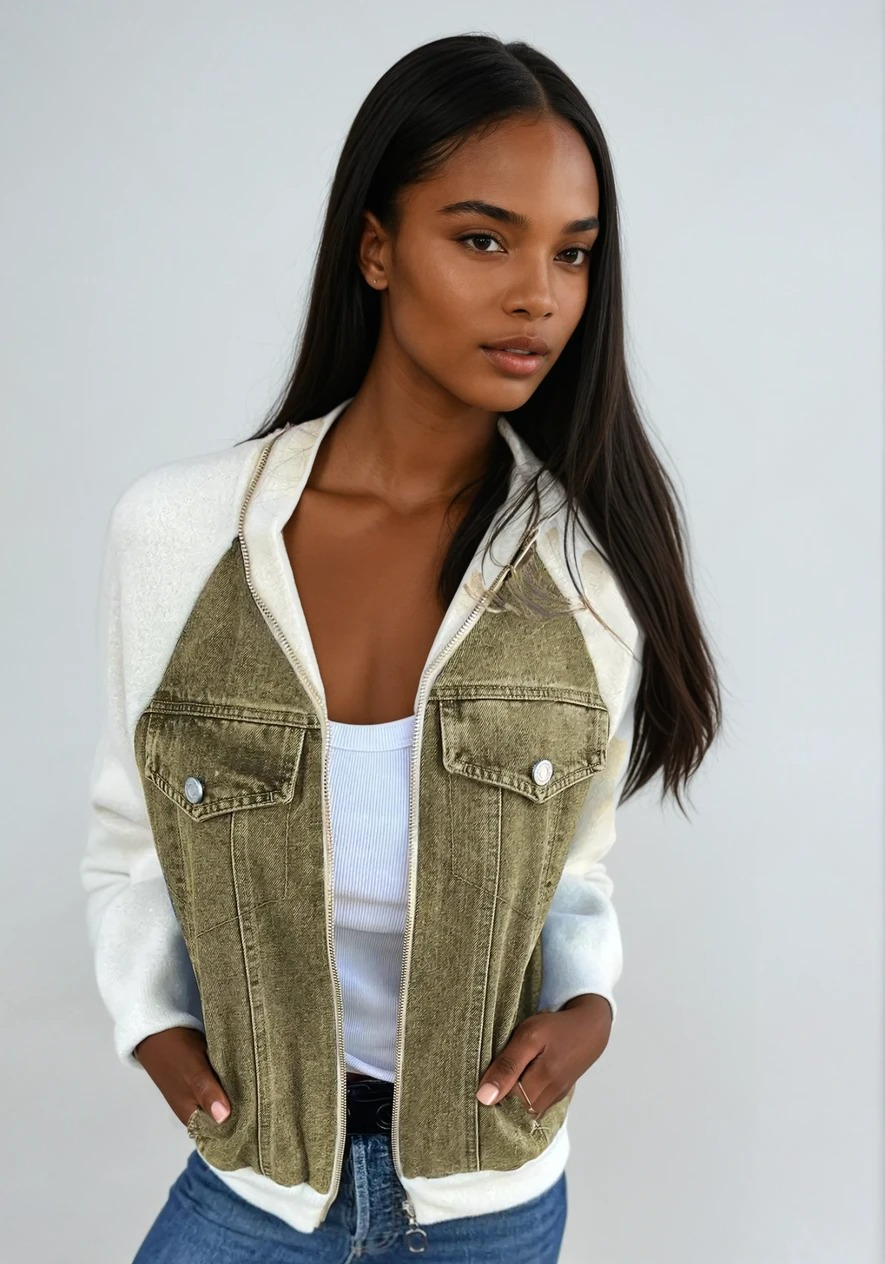 Dames Bomberjack Denim Met Gebreide Mouwen 4