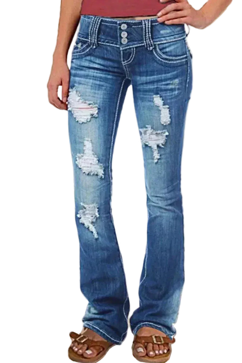 Dames Bootcut Denim Jeans Gescheurd 0