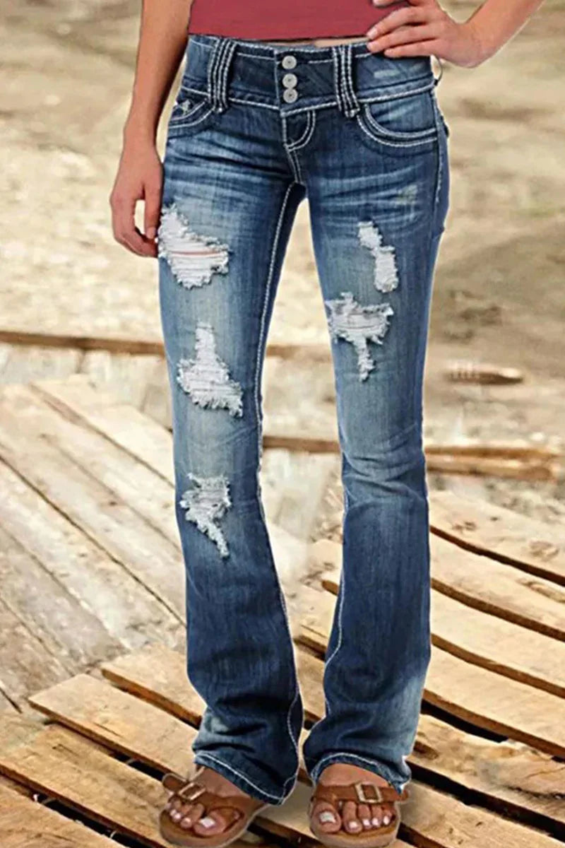 Dames Bootcut Denim Jeans Gescheurd 1