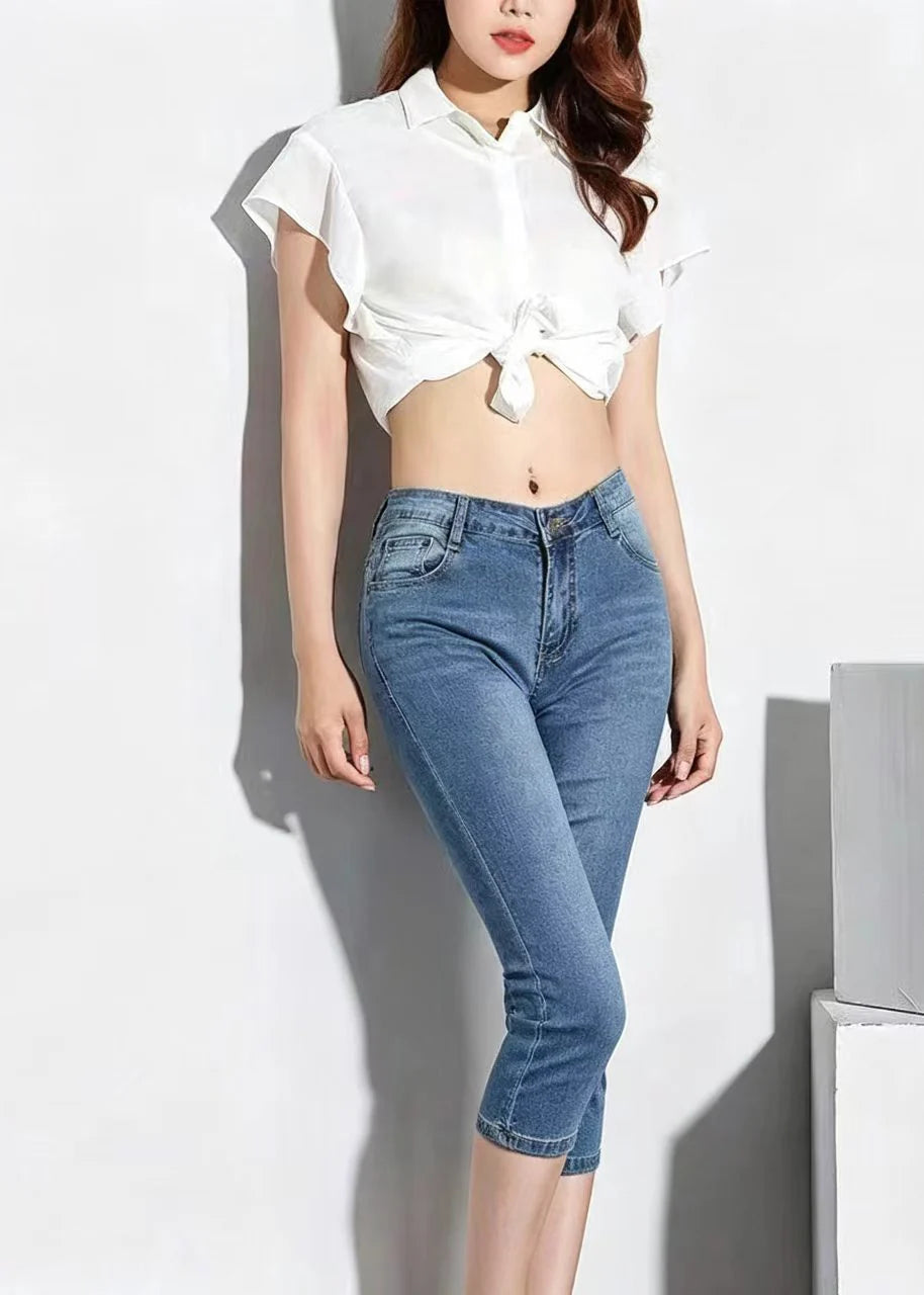 Dames Capri Broek Slim Fit Hoge Taille Lichtblauw 1
