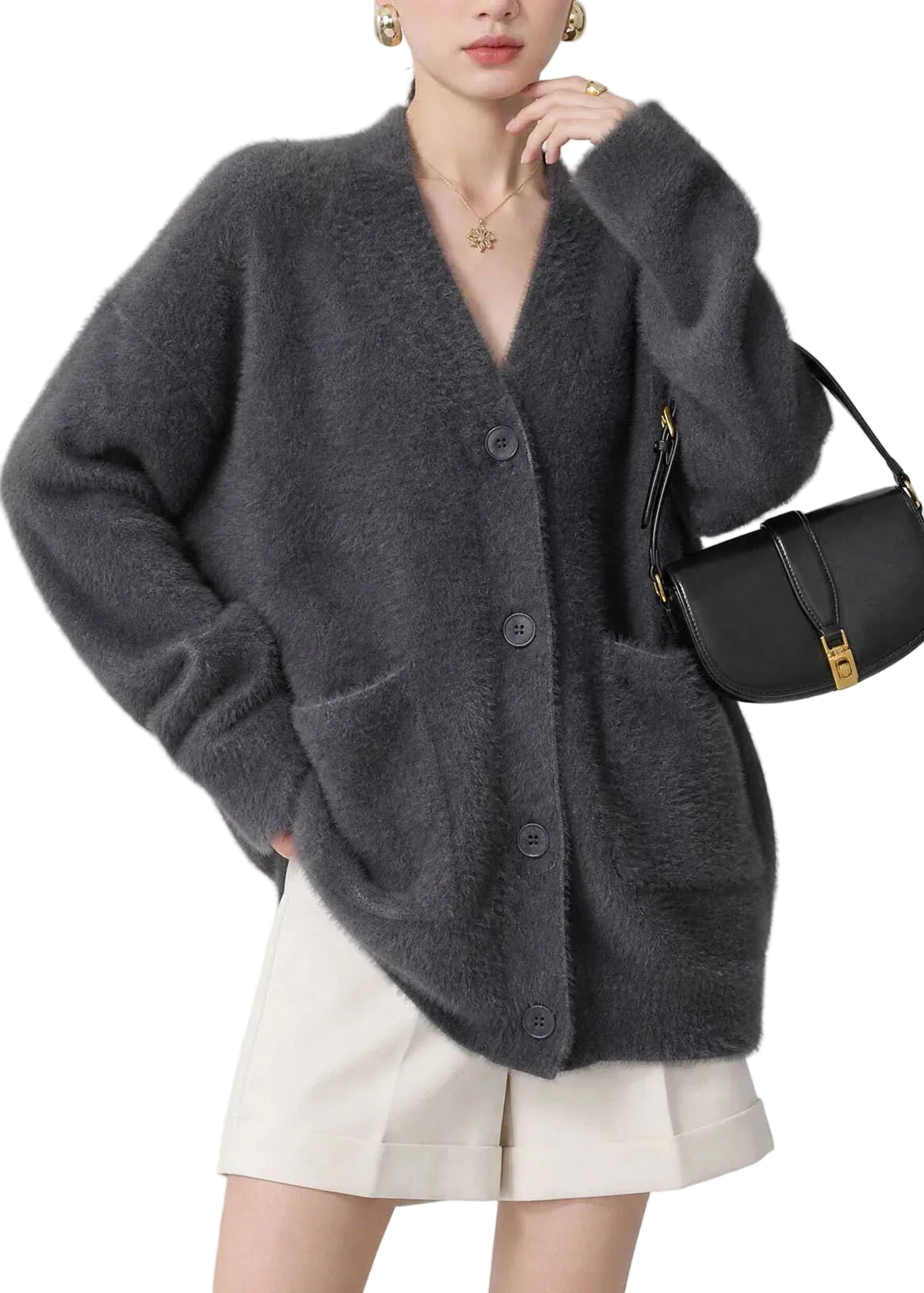 Dames Cardigan Gebreid Casual V-hals Met Knoopzakken 0