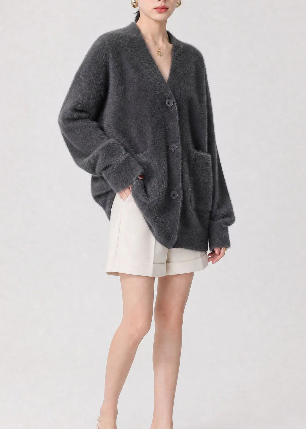 Dames Cardigan Gebreid Casual V-hals Met Knoopzakken 4