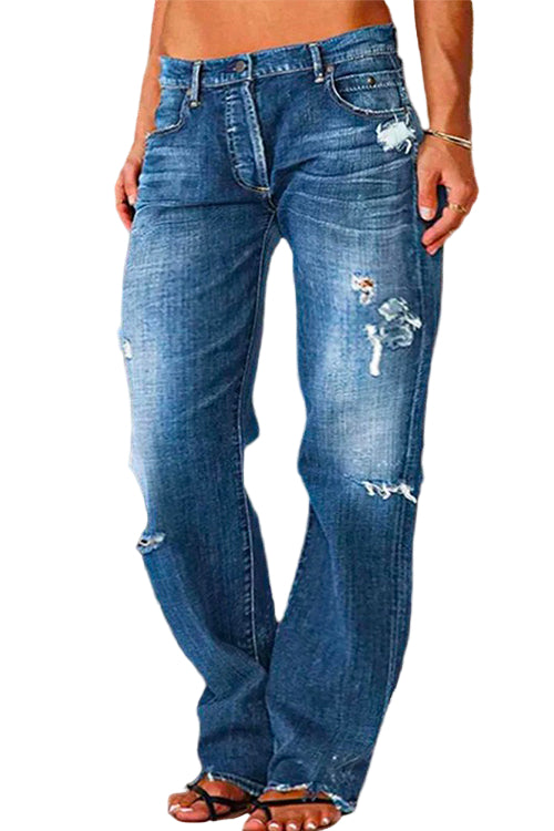 Dames Casual Gescheurde Jeans met Eén Knoop en Zakken 0