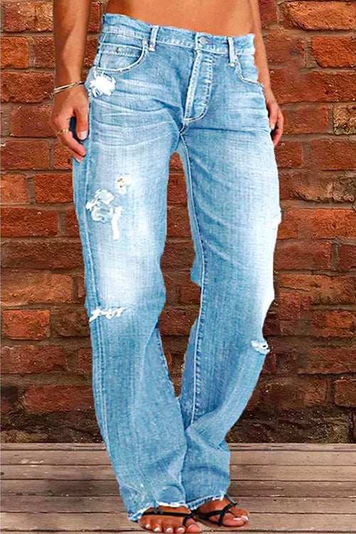 Dames Casual Gescheurde Jeans met Eén Knoop en Zakken 2