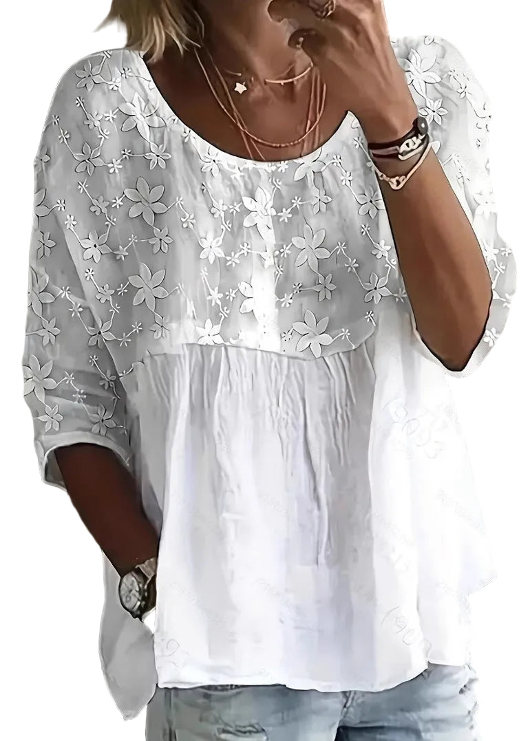 Dames Casual Top met O-hals en Bloemenprint 0