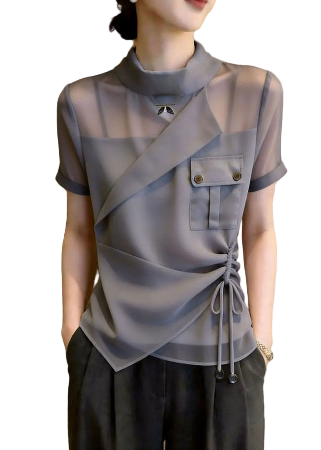 Dames Chiffon Blouse Asymmetrisch Met Opstaande Kraag 0