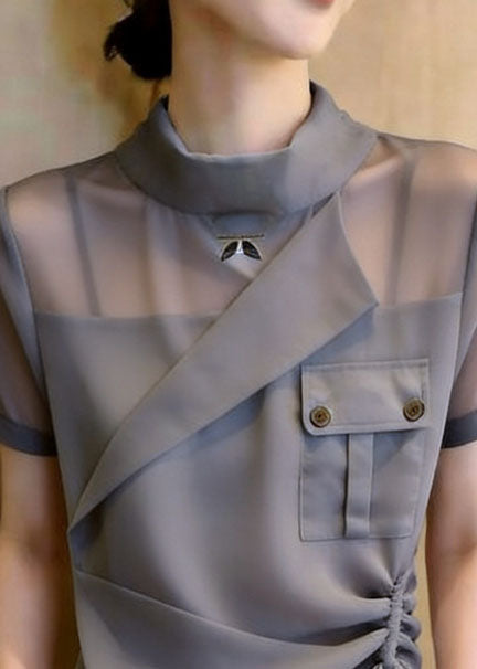 Dames Chiffon Blouse Asymmetrisch Met Opstaande Kraag 1
