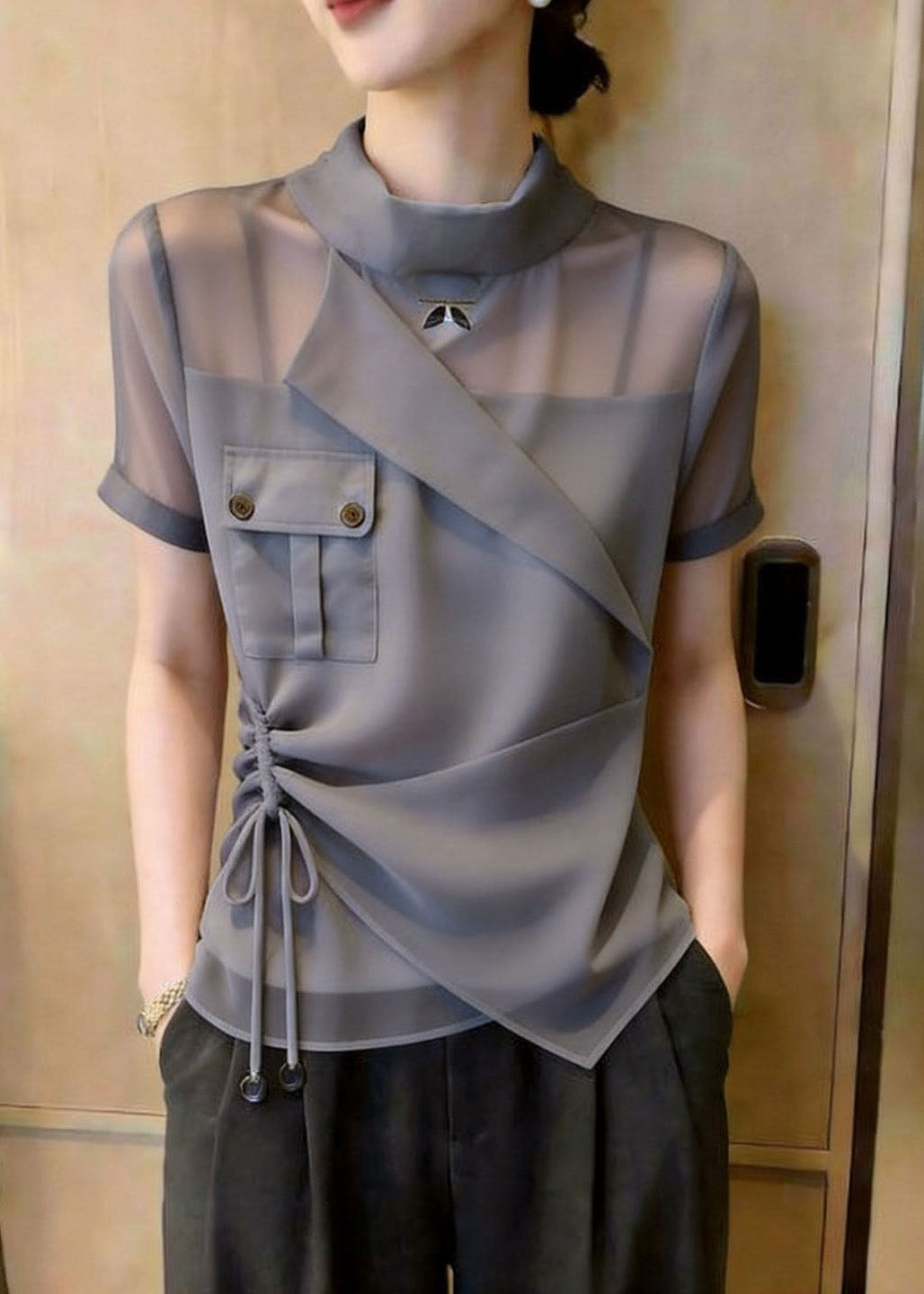 Dames Chiffon Blouse Asymmetrisch Met Opstaande Kraag 2